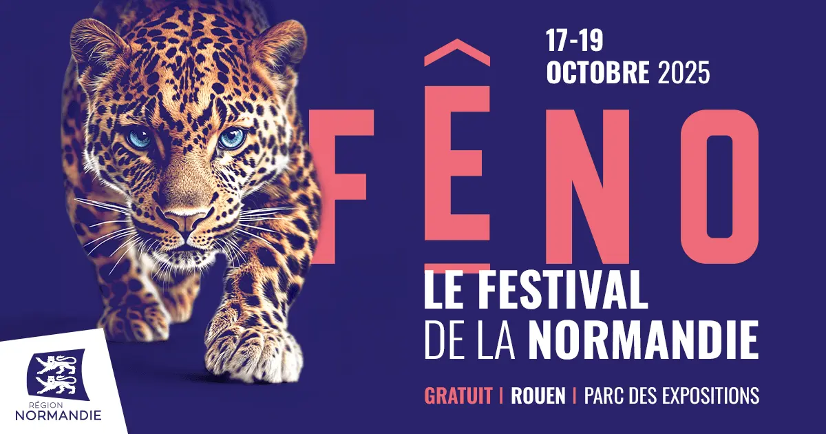 Un léopard s'avance sur un fond violet à côté d'un texte promouvant FÊNO, Le Festival de la Normandie, qui se tiendra du 17 au 19 octobre 2025, au Parc des Expositions de Rouen, en Normandie.
