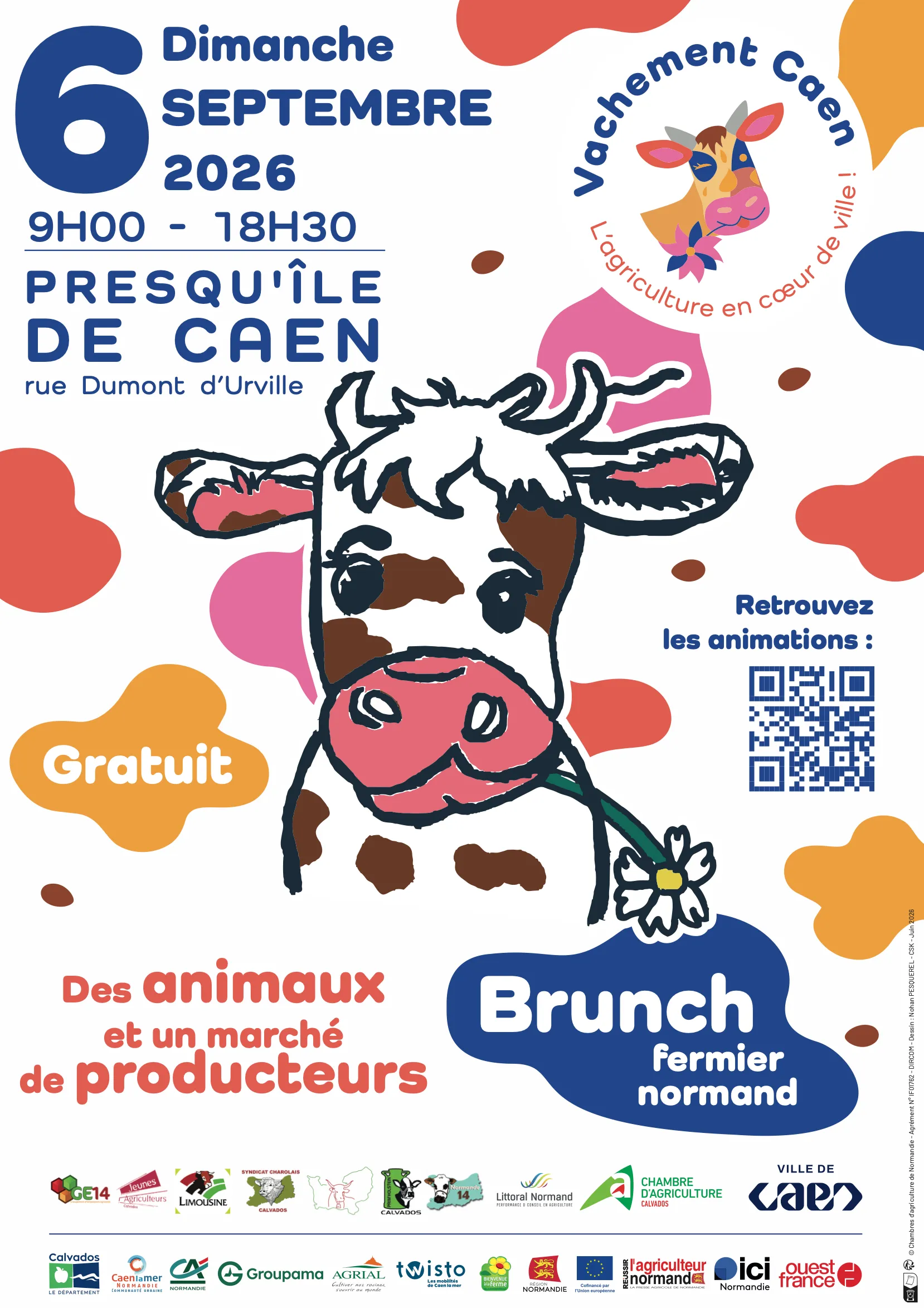 Affiche annonçant l'événement Vachement Caen le 6 septembre 2026, avec une vache illustrée.